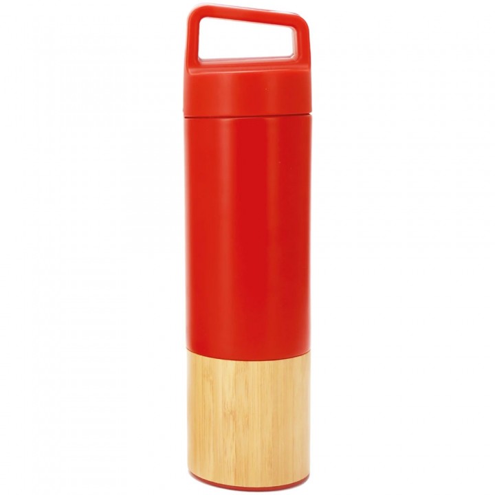 Kırmızı 540 ml Bambu Tabanlı Taşıma Kulplu Lazer Logo Baskılı Kurumsal Promosyon Termos